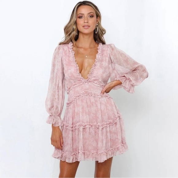 Boho V-Neck Long Sleeve Chiffon Open Back Ruffled Mini Dress - Pink XL - Picture 7 of 8